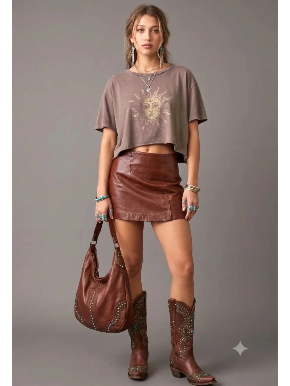 Hugo Buscati 100% Leather Antique 70s Style Brown A-Line Wrap Mini Skirt Size 6 - Picture 1 of 16